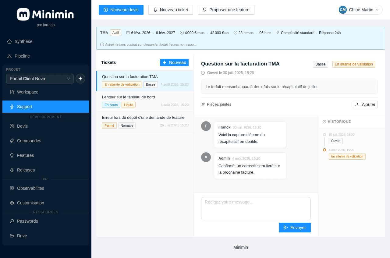 Interface de support et ticketing dans Minimin