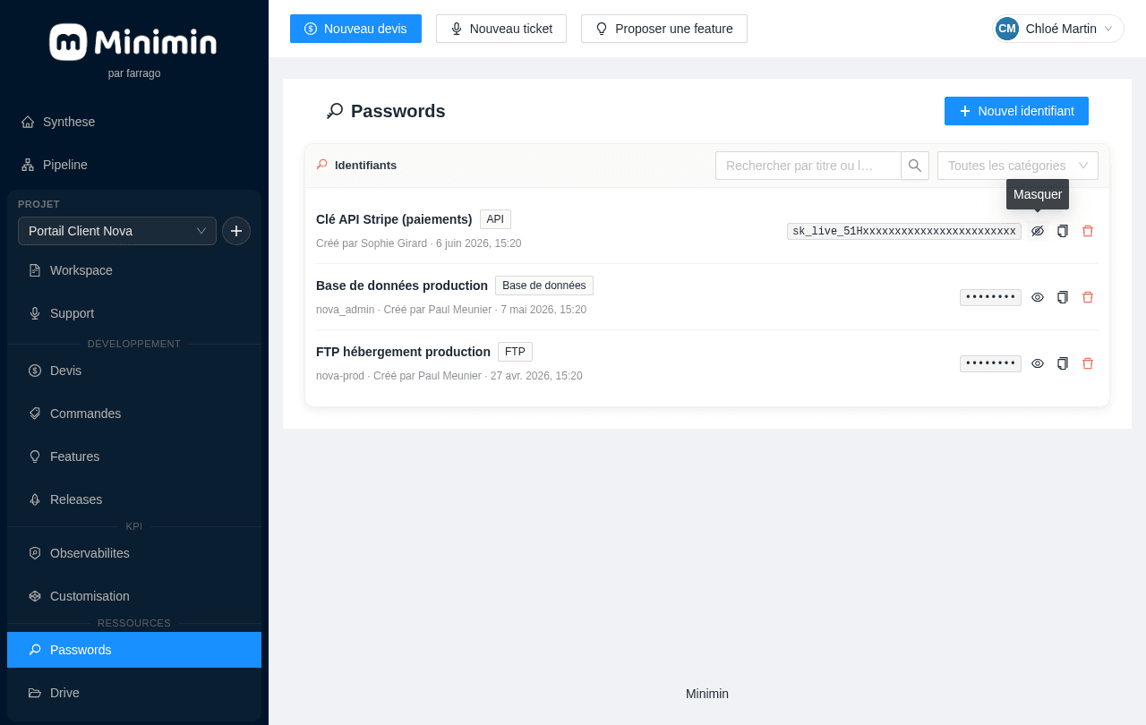 Coffre-fort de mots de passe et identifiants dans Minimin